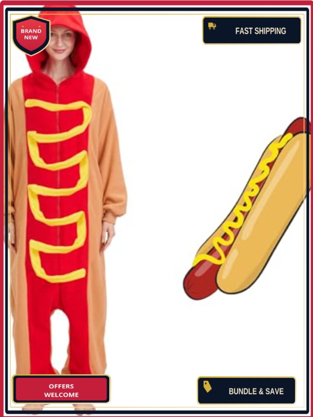 Hot Dog Onesie Costume Fleece One-Piece Pajama Halloween Cosplay